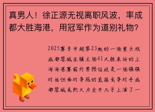 真男人！徐正源无视离职风波，率成都大胜海港，用冠军作为道别礼物？